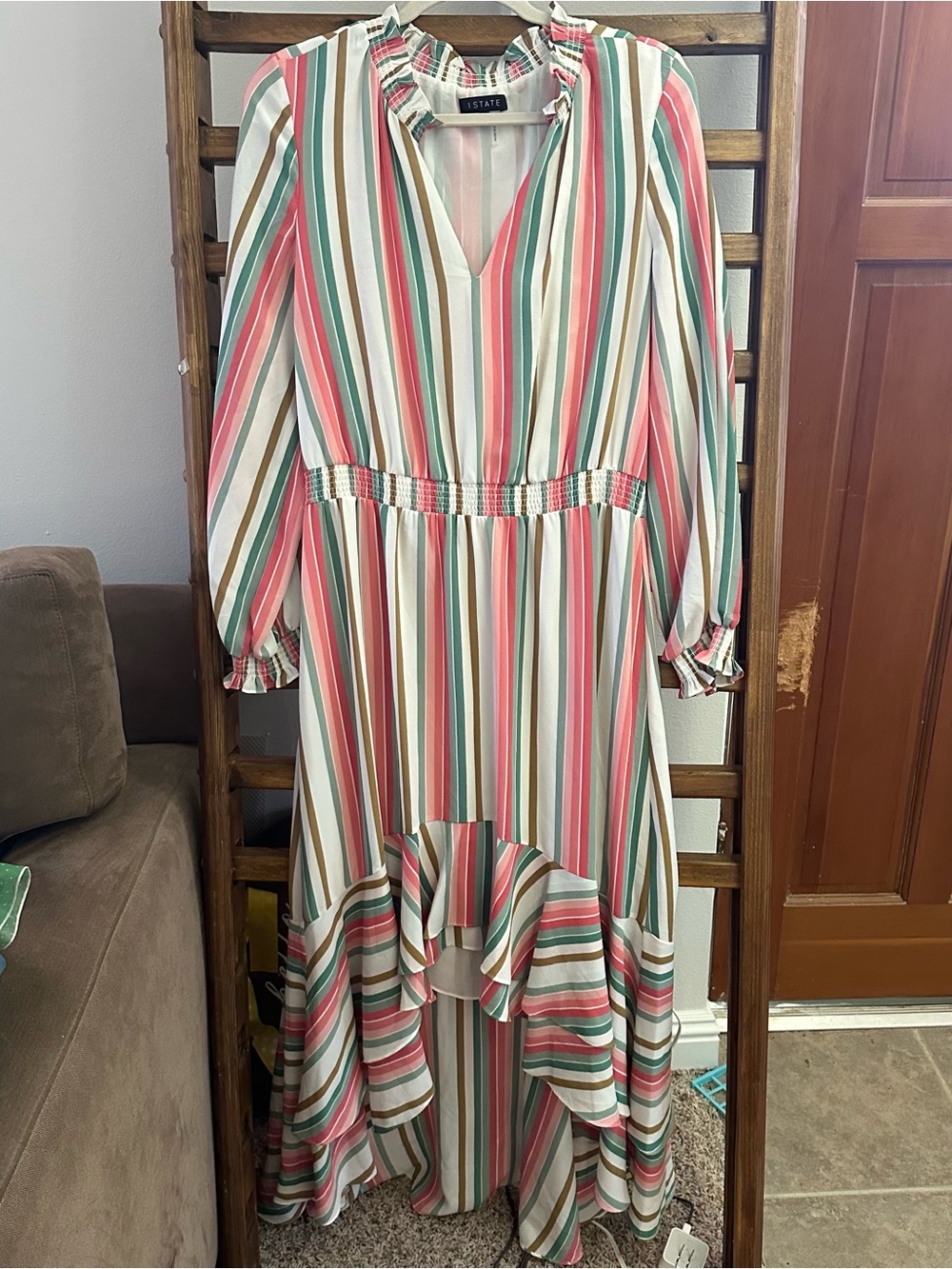 1. State Coral, Green & Cream Striped Ruffle High-Low Dress